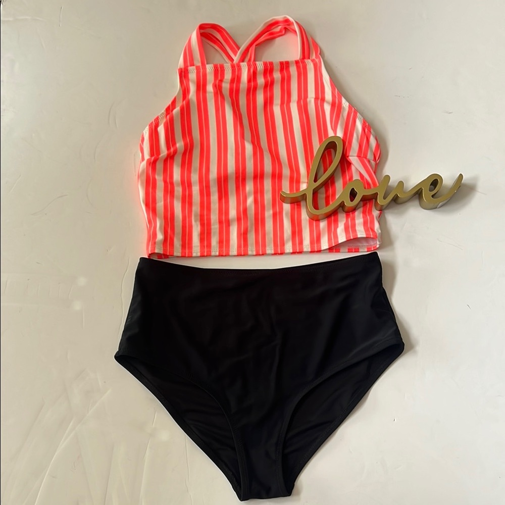 Old Navy Neon Orange Striped Tankini Top W/Black High Waisted Bottoms